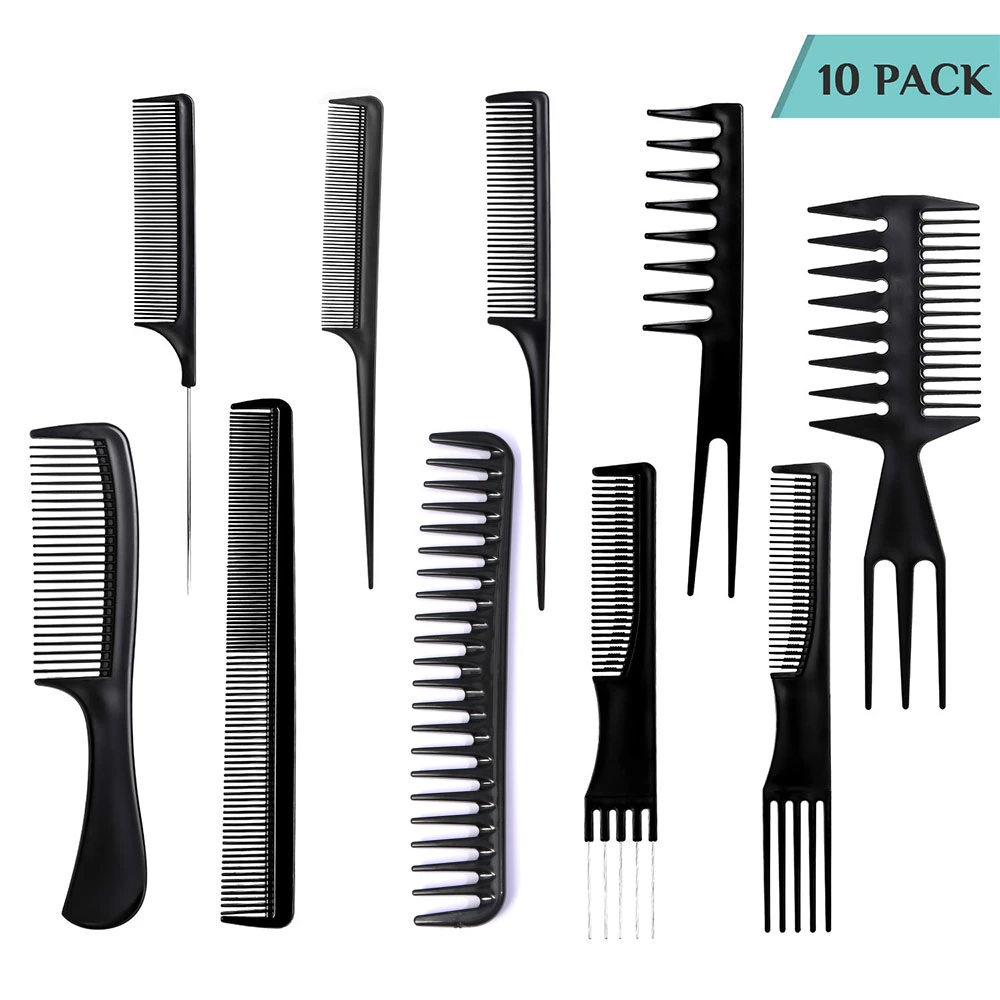 10PCS Black Professional Salon Hairdressing Multifunction Anti-Static Barbers Comb Set